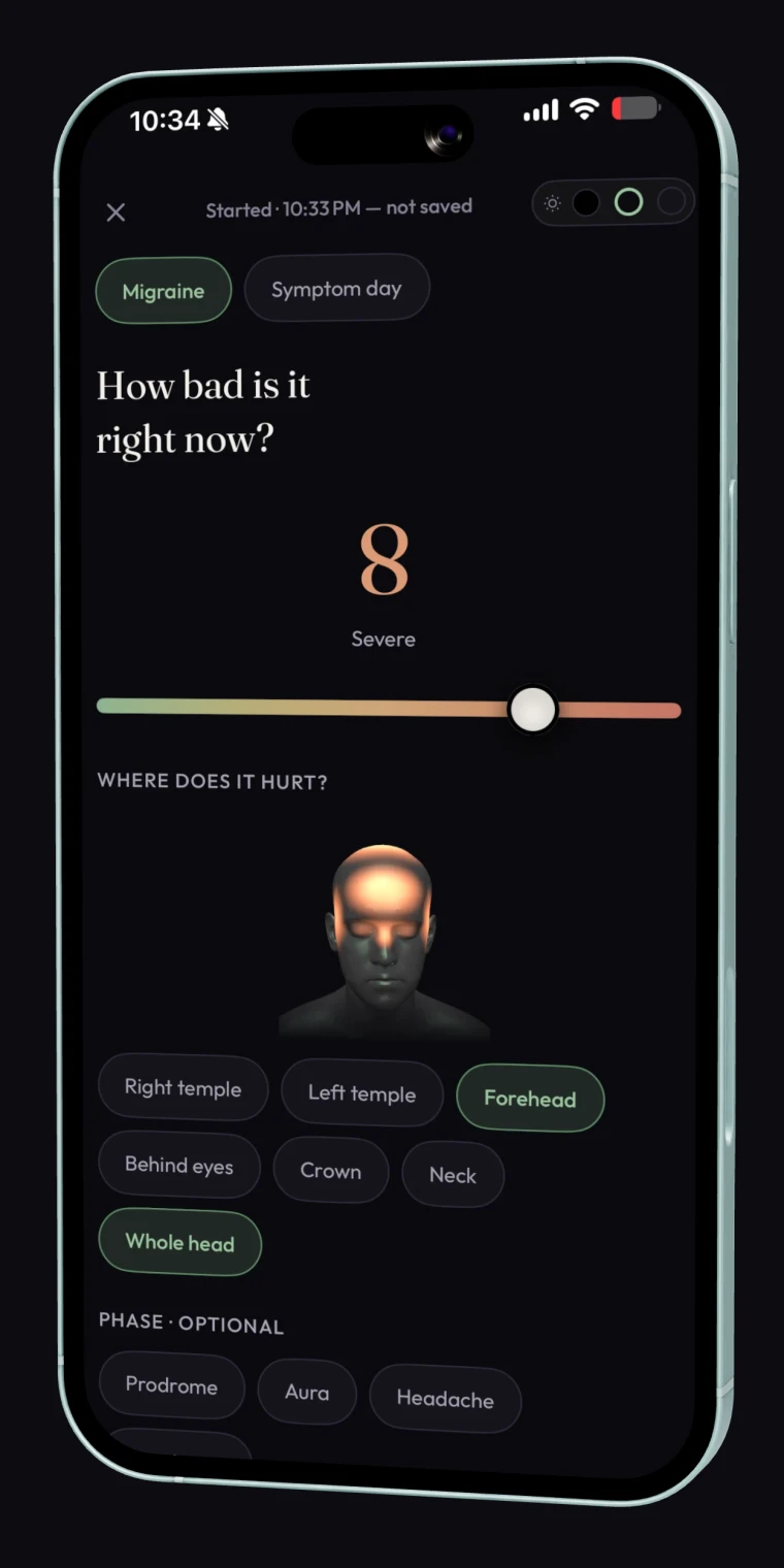 DimLogAI attack screen: a How bad is it right now intensity slider set to 8, Severe, over a 3D head diagram with pain locations selected.