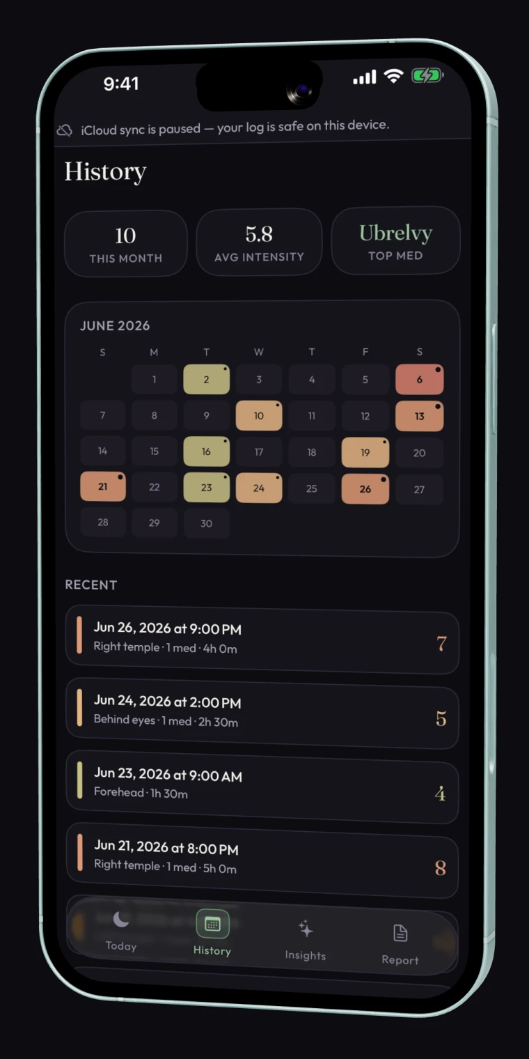 DimLogAI History screen: a June calendar heat-map colored by intensity, month stats, and a recent-attacks list.