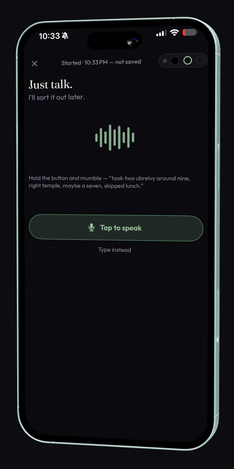 DimLogAI voice logging screen titled Just talk, with a live waveform and a Tap to speak button.